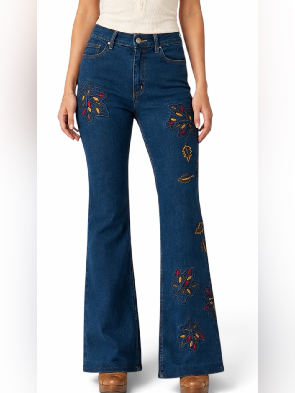 Kavita – Embroidered Dark Wash Blue Denim Jeans – Autumn Leaf Appliqué  – Sz. 8